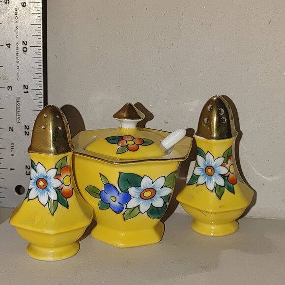 Noritake Japan Yellow Floral Salt Pepper Shaker Set Lidded Mustard Bowl Spoon - Picture 2 of 12
